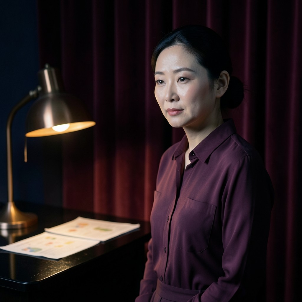 Portrait of Park Haejin, an adult woman in a plum blouse, standing beside a dark wood table