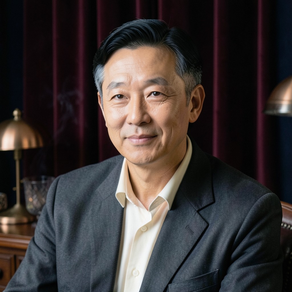 Portrait of Kim Minjun, an adult man in a charcoal jacket, seated in a dark wood chart room