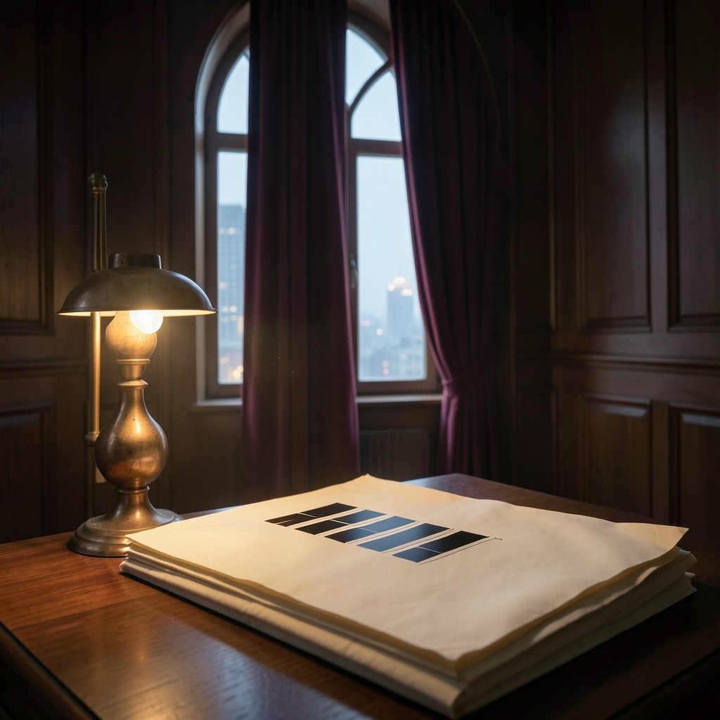 A quiet chart room before dawn with printed charts stacked on a desk and a copper lamp still lit