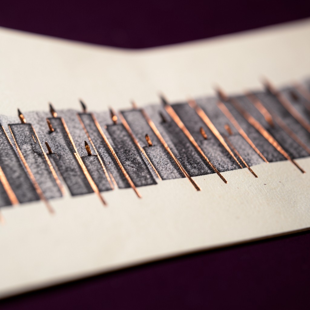 Close photograph of a printed candlestick chart with a wide graphite band where several wicks cluster