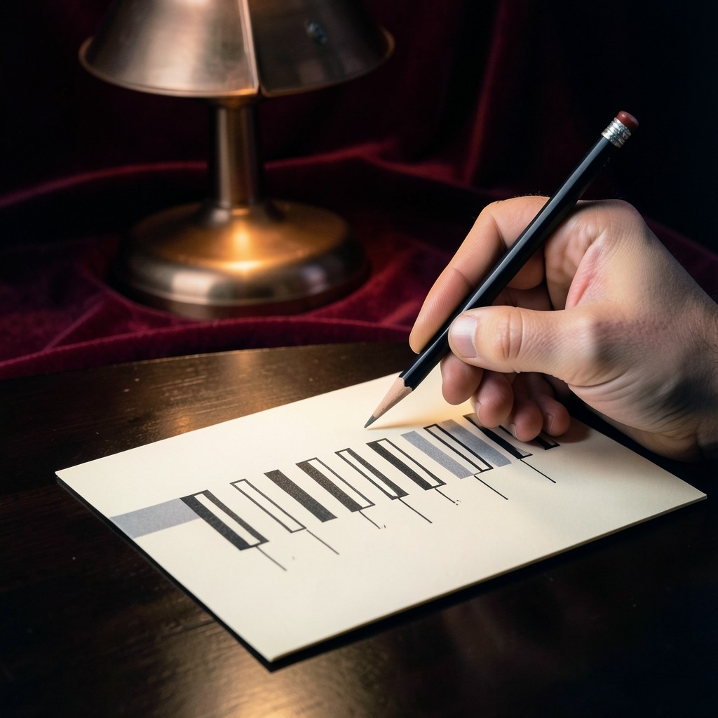 An adult’s hands holding a pencil over printed candlestick charts in a dim room with burgundy velvet and a copper lamp