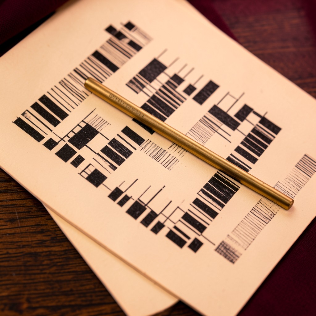 Close view of overlapping printed candlestick charts with graphite shading and a brass ruler on dark wood