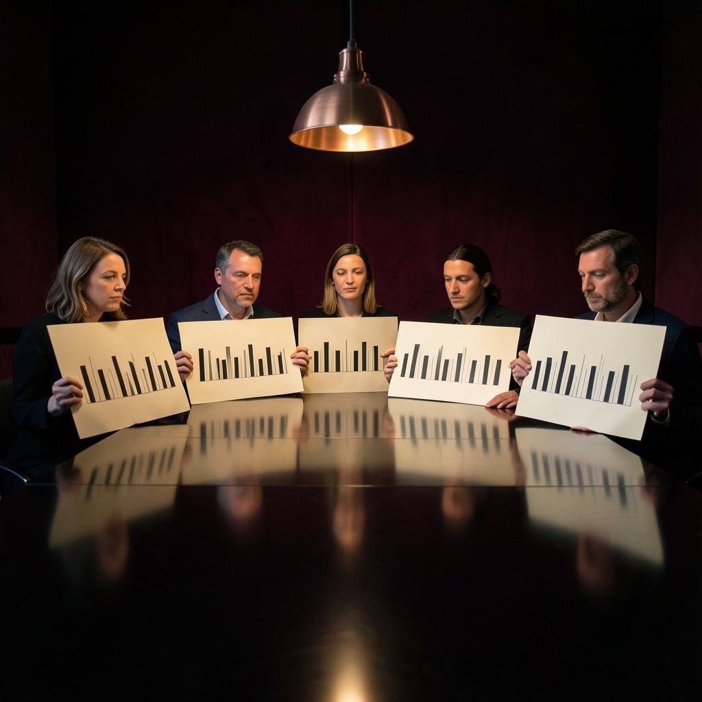 Six adults around a long lacquered table with printed chart packets in a velvet-lined evening room