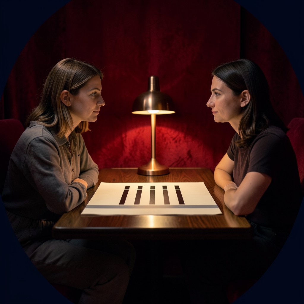 Two adults at a dark wood table marking shaded zones on printed candlestick charts under a copper lamp